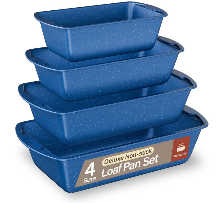 Nonstick Loaf Pan Set Pack of 4, 7" to 11" Large Baking Bread Pan, Oven Safe Up to 450°F, PFOA, PFOS, PTFE Free, Space Saving Stackable Design, Stain Resistant, Dishwasher Friendly, Blue Marble