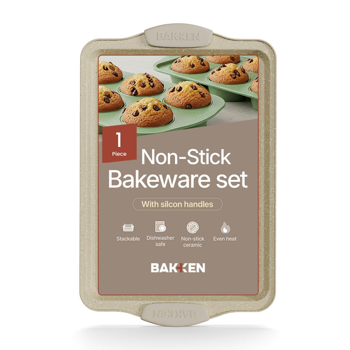 BAKKEN Kitchen Baking Pans - 15.15 x 10.03" Medium Nonstick Sheet, Durable Carbon Steel Cookie Sheet with White Silicone Handles, PFOA, PFOS, PTFE Free, Oven Safe Tray (Up To 450°F), Set of 1