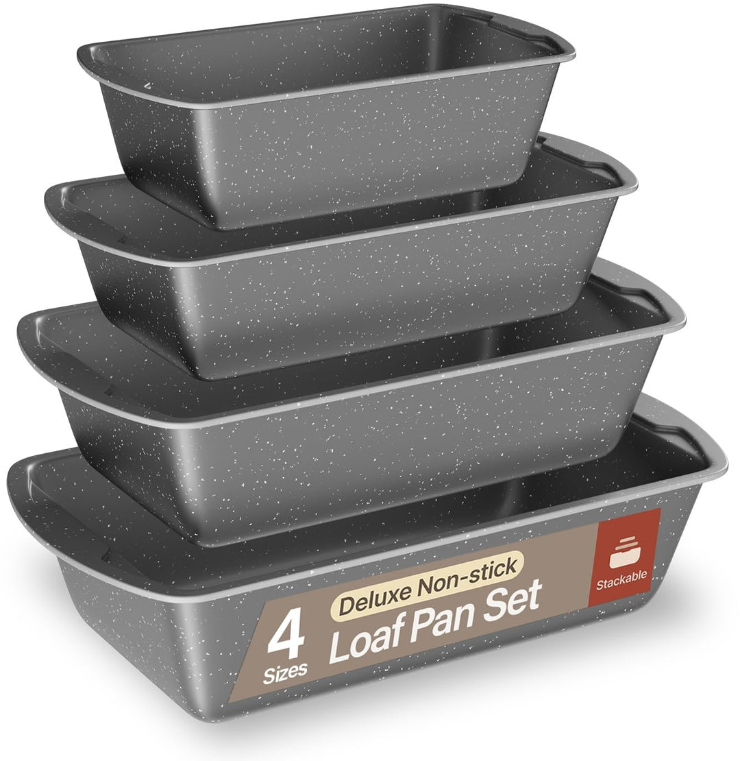 Nonstick Loaf Pan Set Pack of 4, 7" to 11" Large Baking Bread Pan, Oven Safe Up to 450°F, PFOA, PFOS, PTFE Free, Space Saving Stackable Design, Stain Resistant, Dishwasher Friendly, Gray Marble