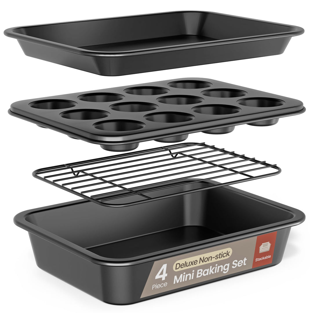 Bakken 4-Piece Bakeware Sets, Nonstick Carbon Steel Baking Sheet, Stackable Space-Saving Bakeware, Dishwasher Safe, Stain-resistant, Oven Safe Up To 450°F