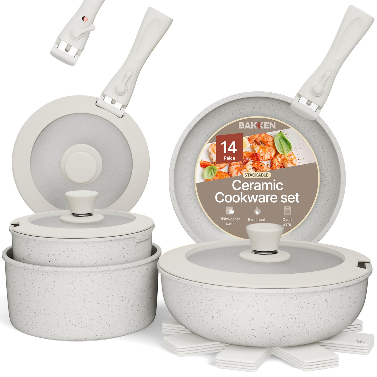 Bakken 14-Piece Detachable Cookware Set – Ceramic-Granite, White Cream