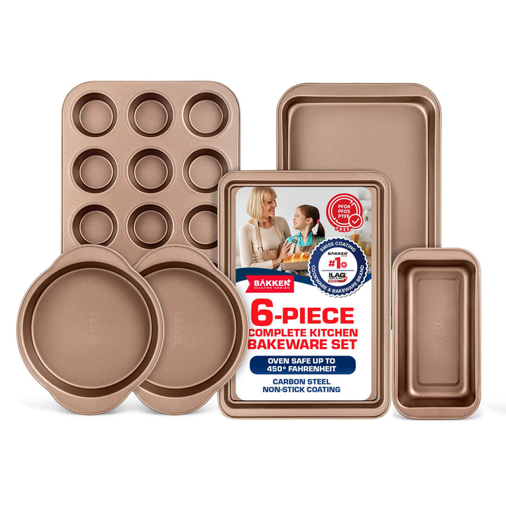 BAKKEN 6-Piece Kitchen Baking Pan Set - Commercial Grade Carbon Steel Bakeware, With Nonstick Coating, Stackable and Space-saving Design, PFOA, PFOS, PTFE Free, Oven Safe Tray (Up To 450°F), Brown