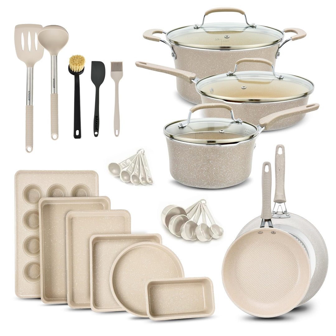 Pots and Pans Set, 23-Piece Non Stick Cookware & Bakeware Sets with Plaid Pattern, Stackable Design, Dishwasher Safe, Stain-resistant, Oven & All-Stove Safe, Tempered Glass Lid, White Marble