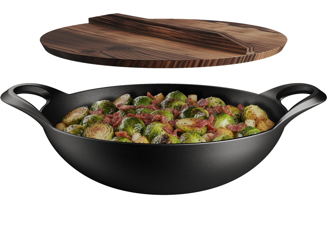 Bakken Pre-Seasoned Cast Iron Wok with Wooden Lid, 14" Stir Fry Pan for Gas, Electric, Induction & Open Fir, Heavy-Duty Flat Bottom Wok with Dual Handles for Even Heating & High-Heat Cooking, 8.8 lbs