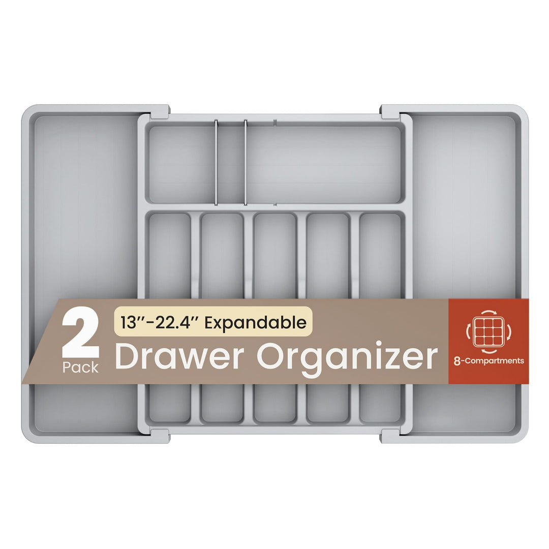 Gray Expandable Utensil Drawer Organizer 2 Pack, Adjustable 13” to 22.4”, 8 Compartment Silverware Organizer for Kitchen Utensils, Spatulas, Cutlery, and Tools, Easy to Clean, Durable, and BPA-Free