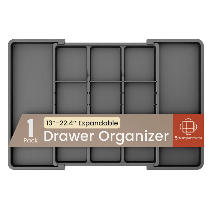 Black Expandable Utensil Drawer Organizer 1 Pack, Adjustable 13” to 22.4”, 5 Compartment Silverware Organizer for Kitchen Utensils, Spatulas, Cutlery, and Tools, Easy to Clean, Durable, and BPA-Free