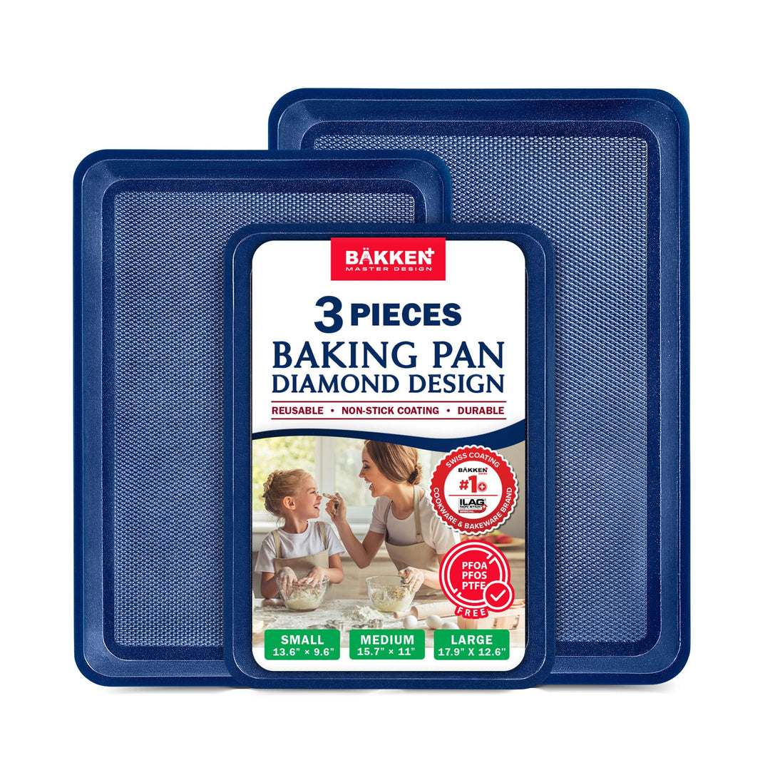 BAKKEN Kitchen Baking Pan - Small, Medium, and Large Cookie Sheet  Nonstick, Diamond Texture Bottom, PFOA, PFOS, PTFE Free, Oven Safe Tray (450°F), Pack of 3, Blue