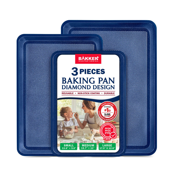 BAKKEN Kitchen Baking Pan - Small, Medium, and Large Cookie Sheet  Nonstick, Diamond Texture Bottom, PFOA, PFOS, PTFE Free, Oven Safe Tray (450°F), Pack of 3, Blue