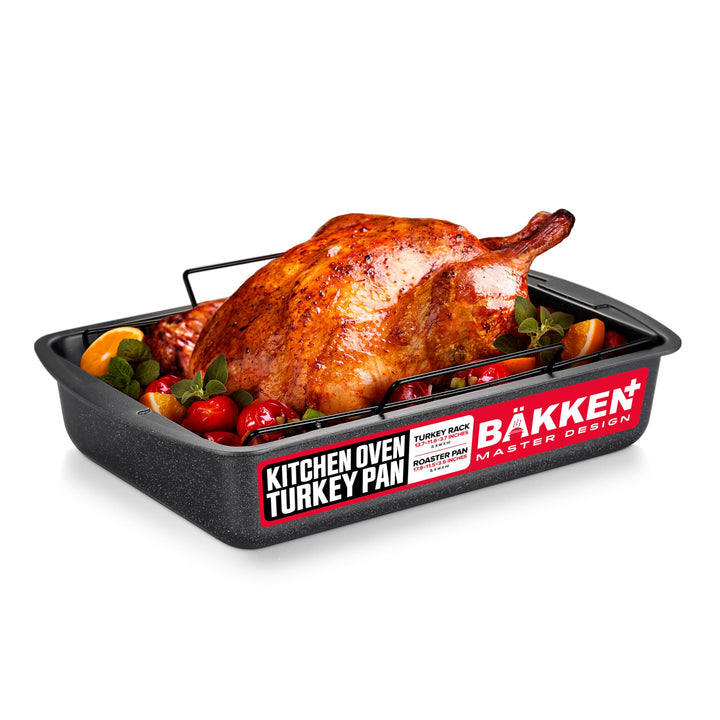 BAKKEN Nonstick Turkey Roasting Pan with Rack – 17 X 13 inch,  Large Heavy-Duty Carbon Steel Roasting Pan, Wide Handles, Versatile for Baking, Grilling, & Roasting, Oven Safe Up to 450°F, Gray Marble