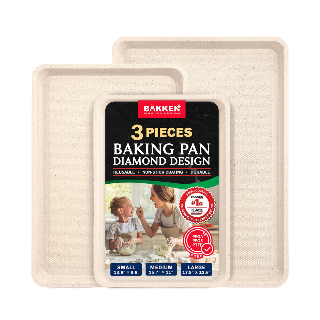 BAKKEN Kitchen Baking Pan - Small, Medium, and Large Cookie Pan (13.58×9.65, 15.75×11, 17.91×12.60), Nonstick, Diamond Texture Bottom, PFOA, PFOS, PTFE Free, Oven Safe (450°F), Pack of 3, White Marble