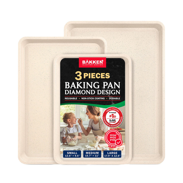 BAKKEN Kitchen Baking Pan - Small, Medium, and Large Cookie Pan (13.58×9.65, 15.75×11, 17.91×12.60), Nonstick, Diamond Texture Bottom, PFOA, PFOS, PTFE Free, Oven Safe (450°F), Pack of 3, White Marble