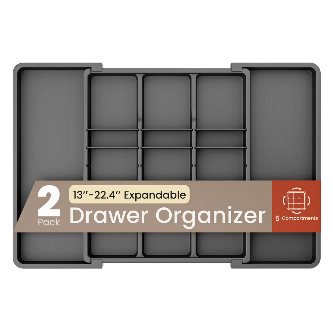 Black Expandable Utensil Drawer Organizer 2 Pack, Adjustable 13” to 22.4”, 5 Compartment Silverware Organizer for Kitchen Utensils, Spatulas, Cutlery, and Tools, Easy to Clean, Durable, and BPA-Free