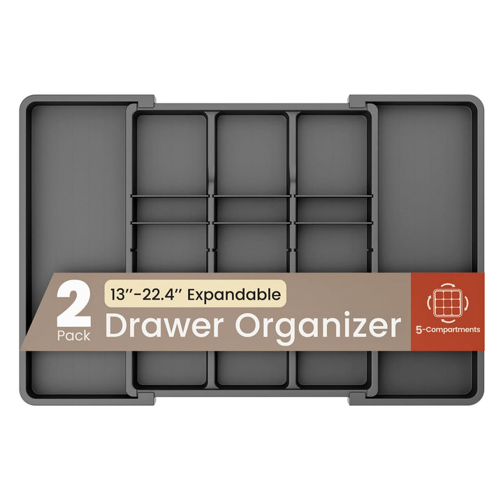 Black Expandable Utensil Drawer Organizer 2 Pack, Adjustable 13” to 22.4”, 5 Compartment Silverware Organizer for Kitchen Utensils, Spatulas, Cutlery, and Tools, Easy to Clean, Durable, and BPA-Free