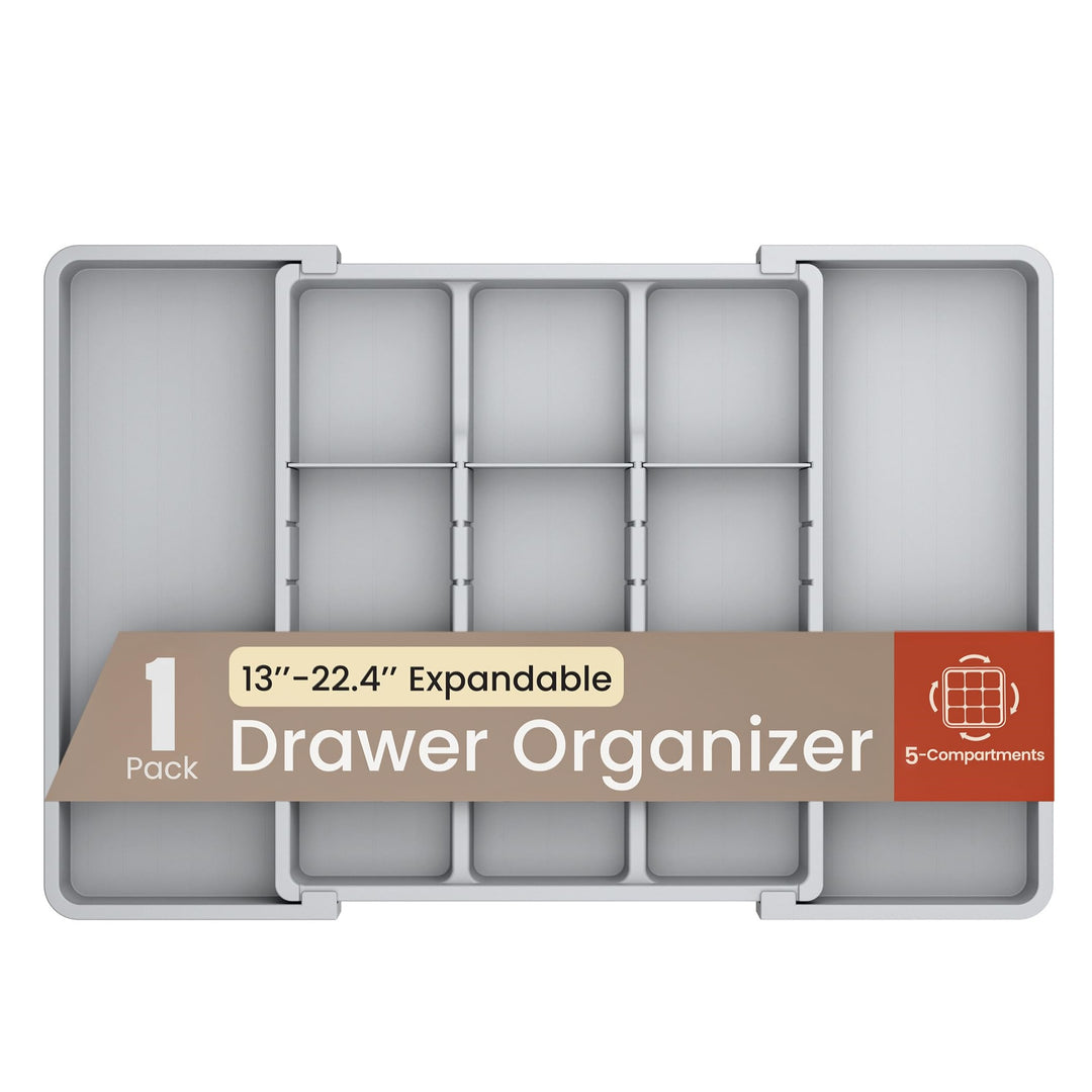 Gray Expandable Utensil Drawer Organizer 1 Pack, Adjustable 13” to 22.4”, 5 Compartment Silverware Organizer for Kitchen Utensils, Spatulas, Cutlery, and Tools, Easy to Clean, Durable, and BPA-Free