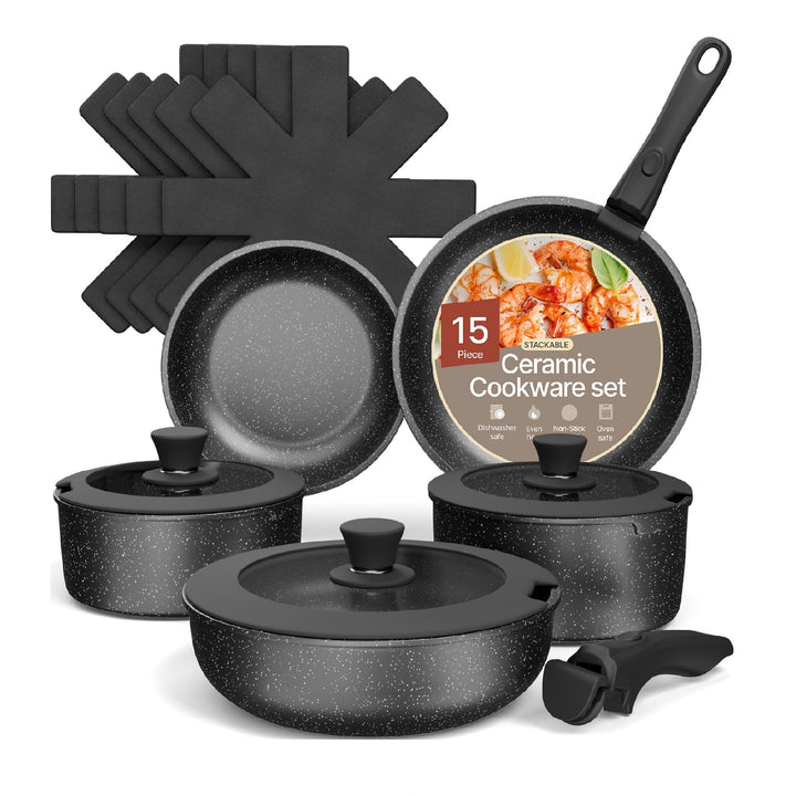 Bakken 17-Piece Nonstick Ceramic Granite Cookware Set, Detachable Handle Pots