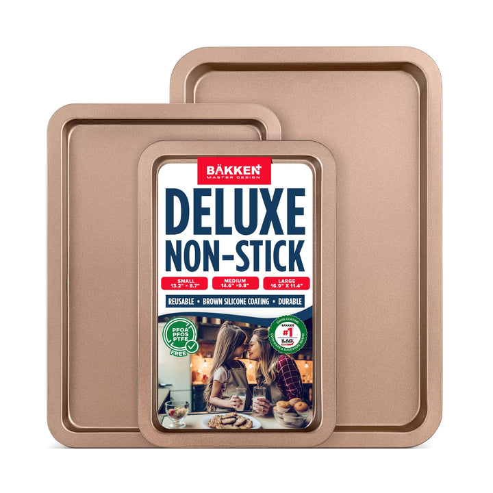 BAKKEN 3-Piece Kitchen Baking Pans - Small, Medium, and Large Cookie Pan, With Nonstick Coating, Stackable and Space-saving Design, PFOA, PFOS, PTFE Free, Oven Safe Tray (Up To 450°F), Brown