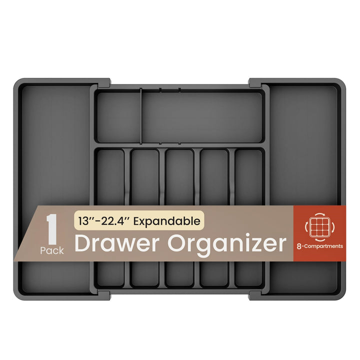 Black Expandable Utensil Drawer Organizer 1 Pack, Adjustable 13” to 22.4”, 8 Compartment Silverware Organizer for Kitchen Utensils, Spatulas, Cutlery, and Tools, Easy to Clean, Durable, and BPA-Free