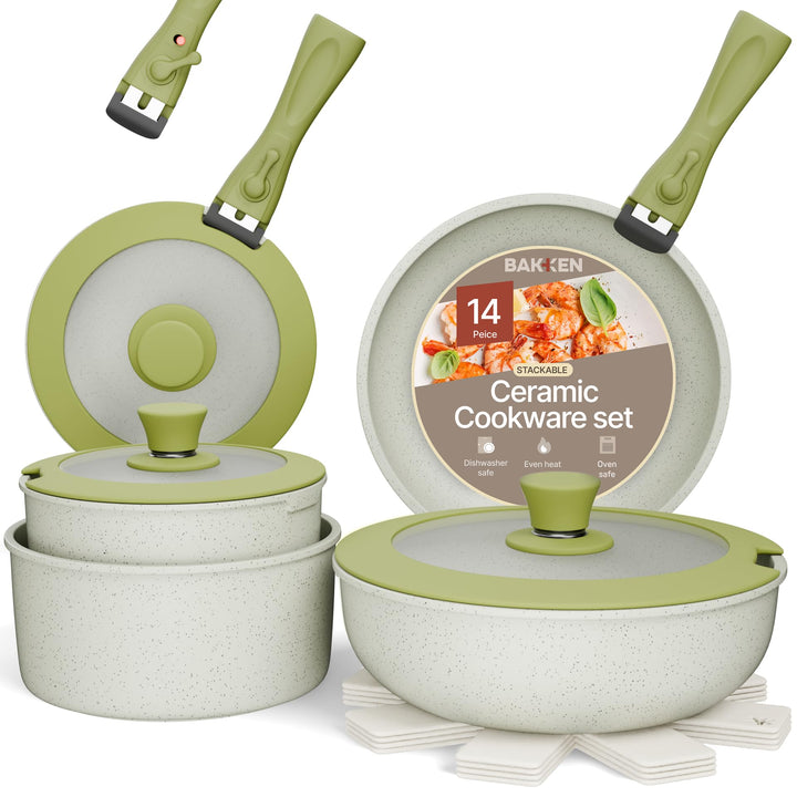 Pots and Pans Set Non Stick Ceramic-Granite – 14-Piece Cookware with Detachable Handles, Stackable Space-Saving, Dishwasher Safe, Stain-resistant, Oven & All-Stove Safe, Tempered Glass Lids, Green