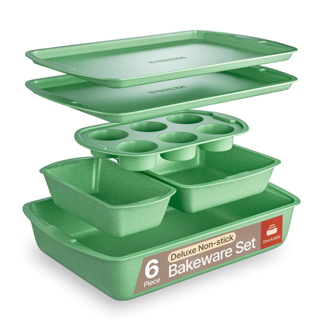 BAKKEN Kitchen Baking Pan Set - Nonstick Green Marble Coating, Commercial Grade Carbon Steel Bakeware Sets, Baking Kitchen Essentials, PFOA, PFOS, PTFE Free, Oven Safe Tray (Up To 450° F), Set of 6