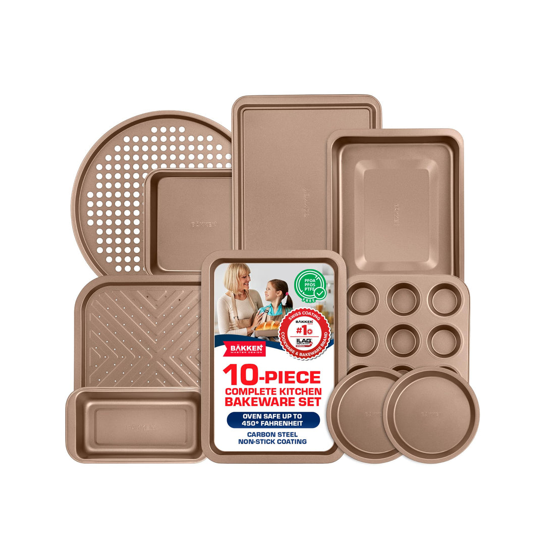 BAKKEN 10-Piece Kitchen Baking Pan Set - Commercial Grade Carbon Steel Bakeware, With Nonstick Coating, Stackable and Space-saving Design, PFOA, PFOS, PTFE Free, Oven Safe Tray (Up To 450°F), Brown