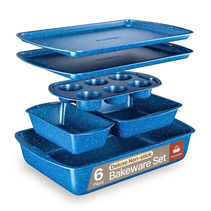 BAKKEN Kitchen Baking Pan Set - Nonstick Blue Marble Coating, Commercial Grade Carbon Steel Bakeware Sets, Baking Kitchen Essentials, PFOA, PFOS, PTFE Free, Oven Safe Tray (Up To 450° F), Set of 6