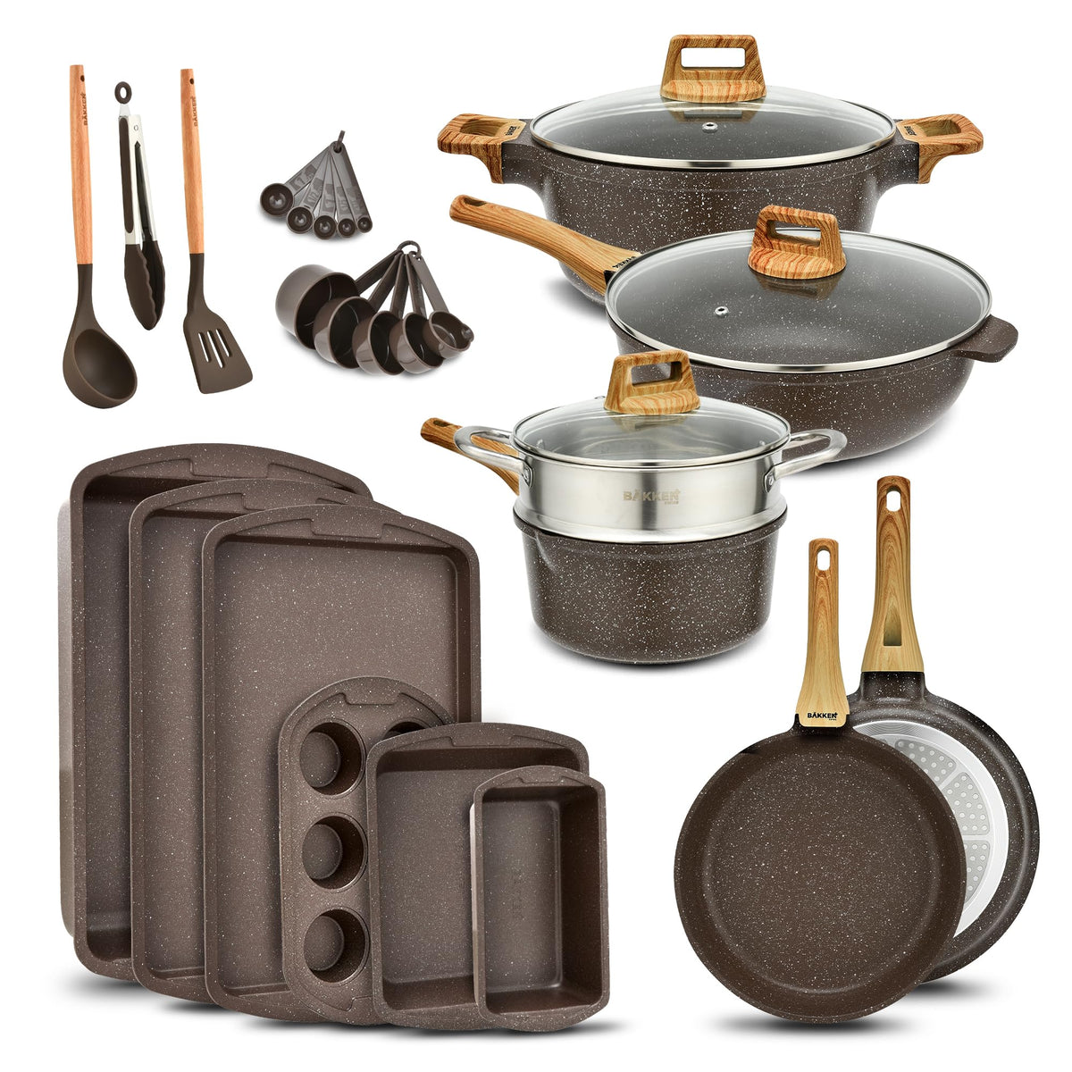 Bakken 20-Piece Cookware & Bakeware Set – Granite, Brown Marble