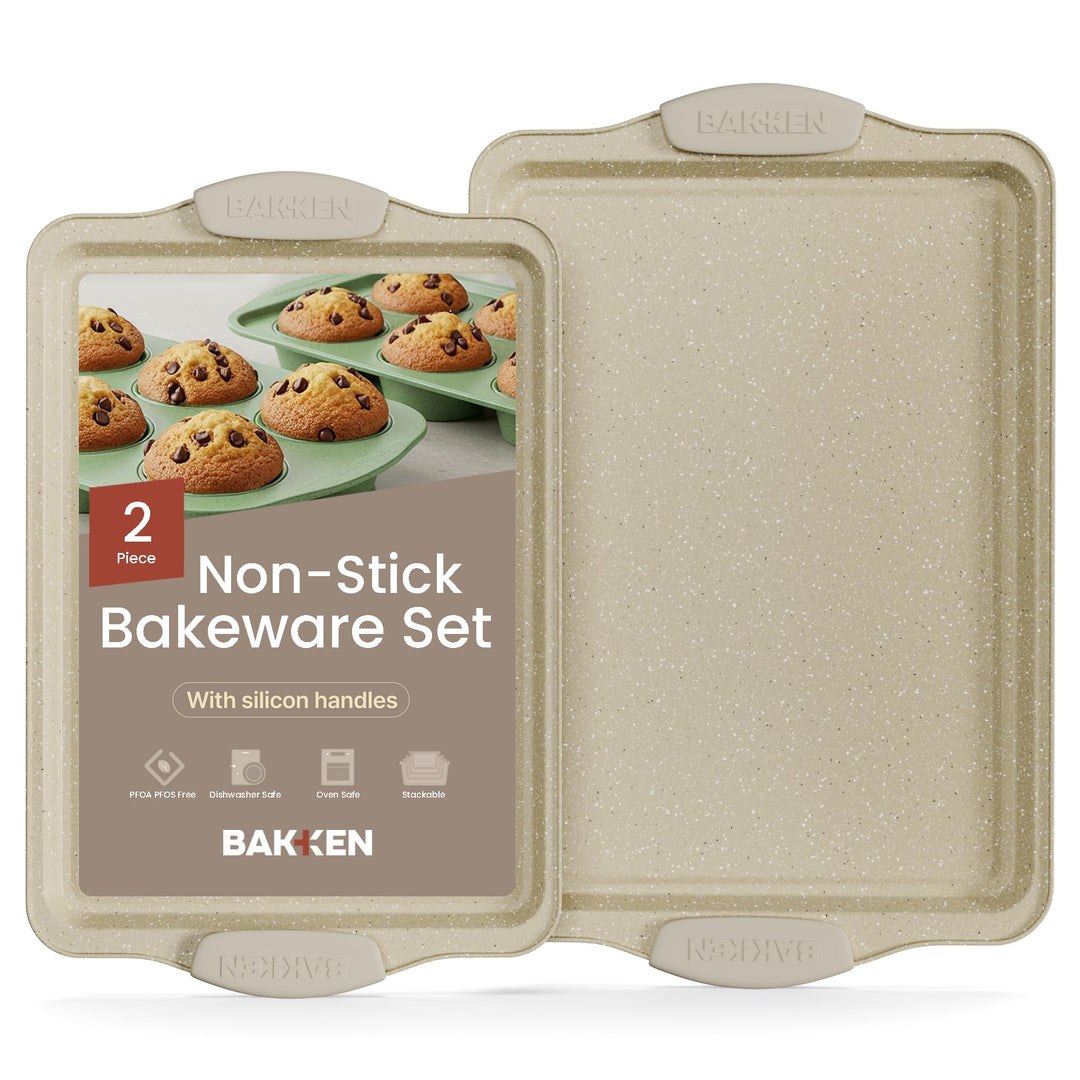 BAKKEN Kitchen Baking Pans - Medium (15.15 × 10.03") and Large (17.1 x 11.8") Nonstick Sheets, Carbon Steel Cookie Sheets with White Silicone Handle, PFOA, PFOS, PTFE Free, Oven Safe (450°F), Set of 2