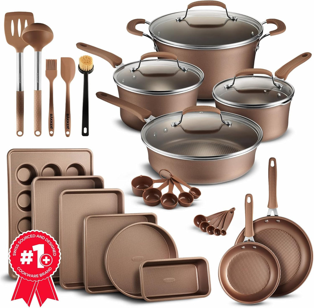 Cookware Set – 23 Piece –Gold Multi-Sized Cooking Pots with Lids, Skillet Fry Pans and Bakeware – Reinforced Pressed Aluminum Metal - Suitable for Gas, Electric, Ceramic and Induction by Bakkenmaster