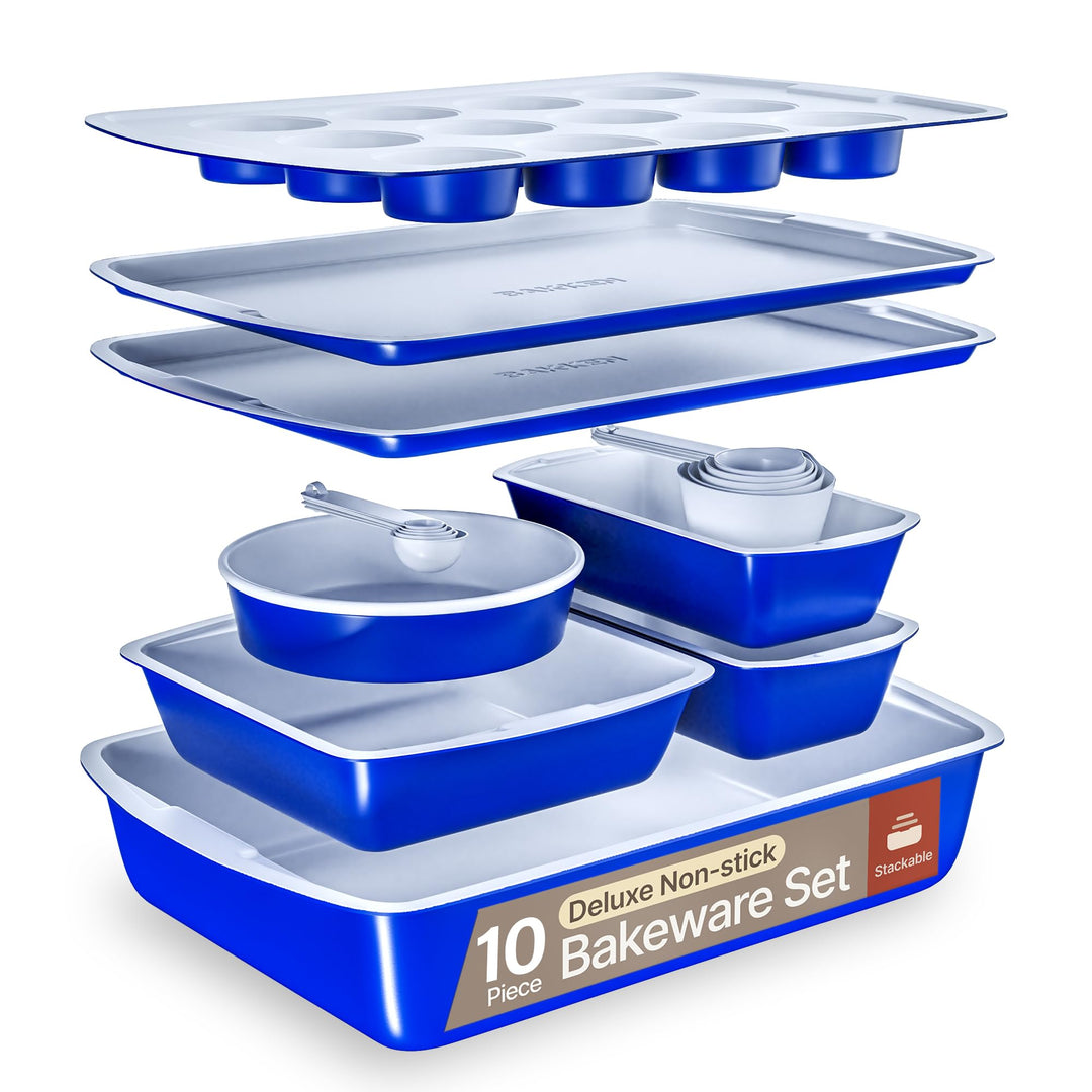 Royal Blue 10-Piece Bakeware Sets, Nonstick Carbon Steel Baking Sheet & Pans, Stackable Space-Saving Bakeware, Dishwasher Safe, Stain-resistant, PFOA\PFOS\PTFE Free, Oven Safe Up To 450°F (230°C)