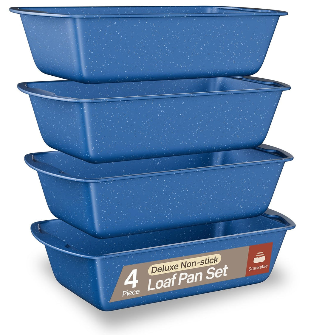 Nonstick Loaf Pan Set Pack of 4, Carbon Steel 11" Large Baking Bread Pan, Oven Safe Up to 450°F, PFOA, PFOS, PTFE Free, Space Saving Stackable Design, Stain Resistant, Dishwasher Friendly, Blue Marble