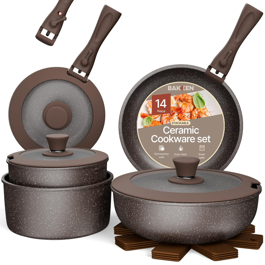 Pots and Pans Set Non Stick Ceramic-Granite – 14-Piece Cookware with Detachable Handles, Stackable Space-Saving, Dishwasher Safe, Stain-resistant, Oven & All-Stove Safe, Tempered Glass Lids, Brown