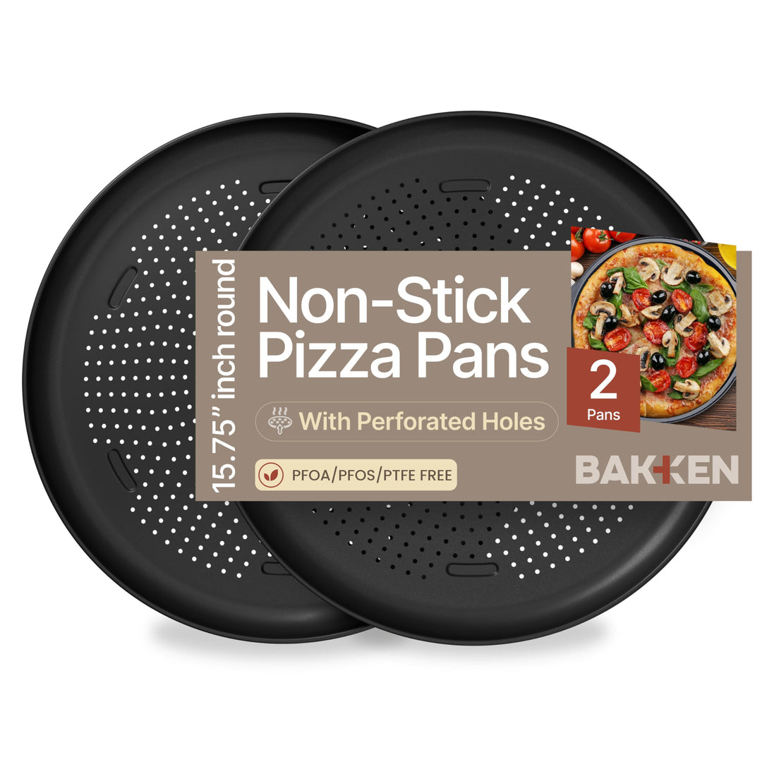 Bakken 16 Inch Non-Stick Pizza Pan, Round Carbon Steel Pizza Tray with Perforated Holes, PFOA, Dishwasher & Oven Safe Up To 450°F, Durable Nonstick CoatingBakken 16" Nonstick Pizza Pan 2 Pack, Carbon Steel Perforated Baking Tray, Black
