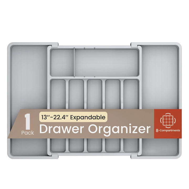 Gray Expandable Utensil Drawer Organizer 1 Pack, Adjustable 13” to 22.4”, 8 Compartment Silverware Organizer for Kitchen Utensils, Spatulas, Cutlery, and Tools, Easy to Clean, Durable, and BPA-Free