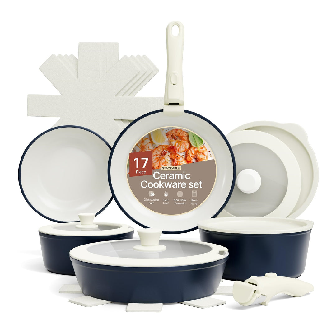 Bakken 17-Piece Nonstick Ceramic Granite Cookware Set, Detachable Handle Pots