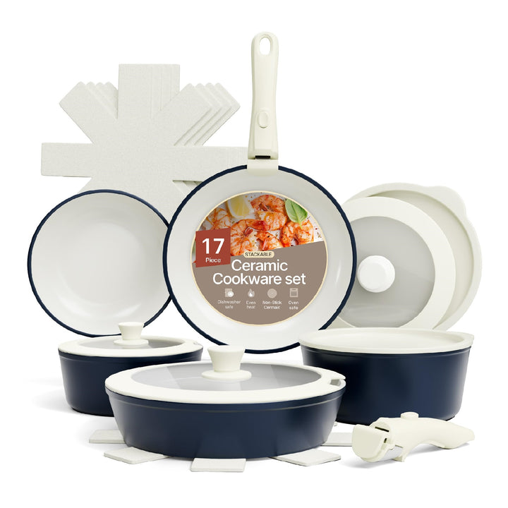 Bakken 17-Piece Nonstick Ceramic Granite Cookware Set, Detachable Handle Pots
