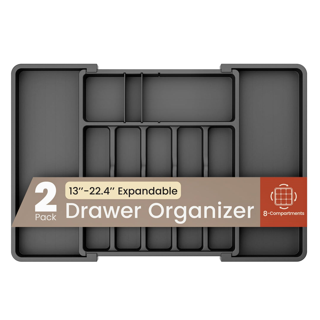 Black Expandable Utensil Drawer Organizer 2 Pack, Adjustable 13” to 22.4”, 8 Compartment Silverware Organizer for Kitchen Utensils, Spatulas, Cutlery, and Tools, Easy to Clean, Durable, and BPA-Free