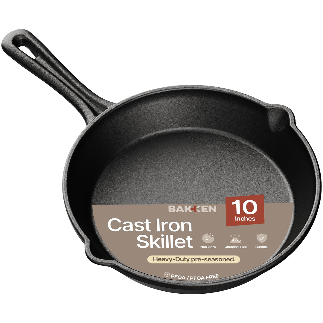 Bakken Cast Iron Skillet, Pre-Seasoned Frying Pan with Easy-Grip Handle