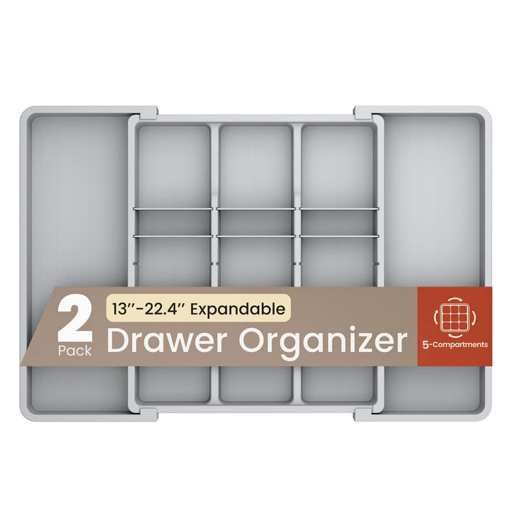 Gray Expandable Utensil Drawer Organizer 2 Pack, Adjustable 13” to 22.4”, 5 Compartment Silverware Organizer for Kitchen Utensils, Spatulas, Cutlery, and Tools, Easy to Clean, Durable, and BPA-Free