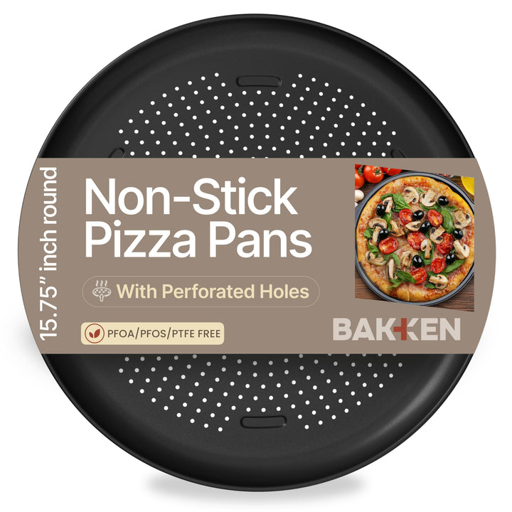 Bakken 16 Inch Non-Stick Pizza Pan, Round Carbon Steel Pizza Tray with Perforated Holes, PFOA, Dishwasher & Oven Safe Up To 450°F, Durable Nonstick CoatingBakken 16" Nonstick Pizza Pan 2 Pack, Carbon Steel Perforated Baking Tray, Black