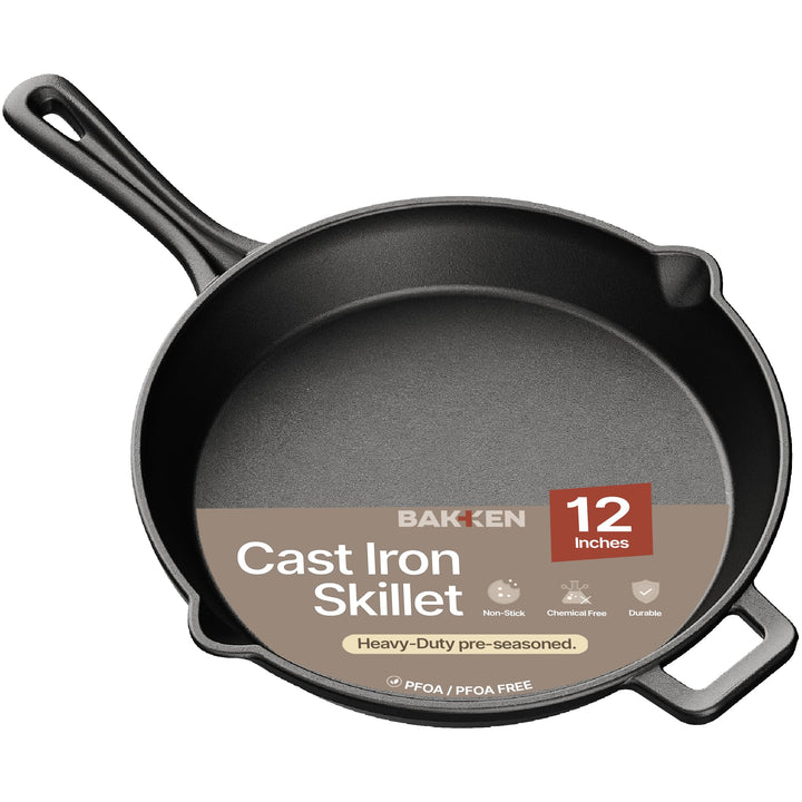 Bakken Cast Iron Skillet, Pre-Seasoned Frying Pan with Easy-Grip Handle
