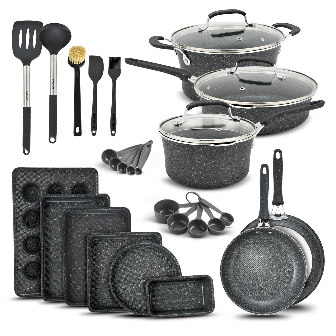 Pots and Pans Set, 23-Piece Non Stick Cookware & Bakeware Sets with Plaid Pattern, Stackable Design, Dishwasher Safe, Stain-resistant, Oven & All-Stove Safe, Tempered Glass Lid, Dark Gray