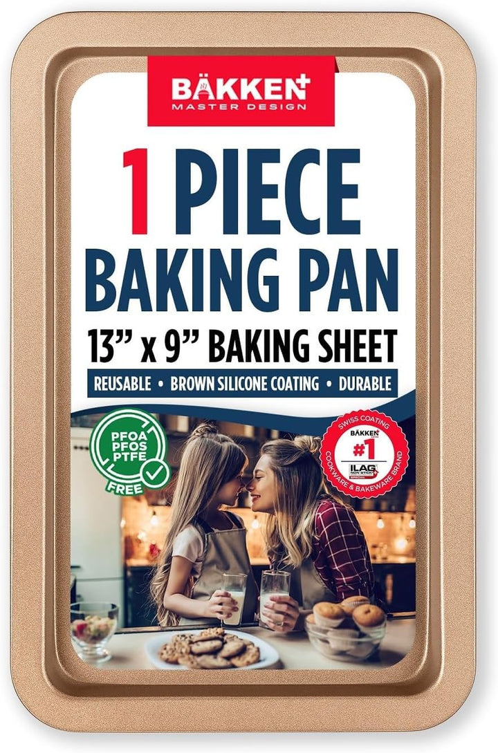 BAKKEN Kitchen Baking Pans - Nonstick Brown Coating, 13.18’’ × 8.66’’ Commercial Grade Carbon Steel Cookie Sheet, Baking Kitchen Essentials, PFOA, PFOS, PTFE Free, Oven Safe Tray (450° F), Brown