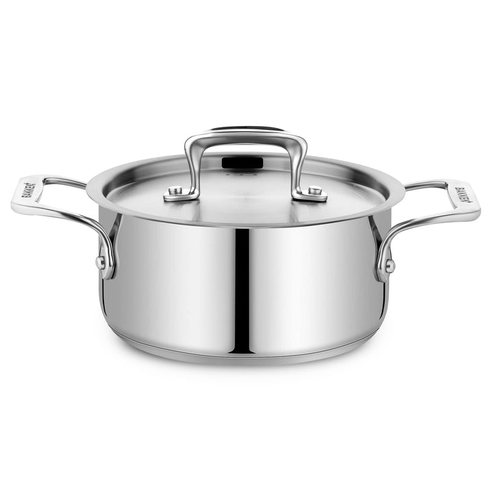 Stainless Steel Stockpot with Lid 2 Quart, Durable 18/8 Stainless Steel, Impact-Bonded Base for Even Heating, Riveted Handles, Oven & All Stove Compatible, Safe Up To 500°F (260°C)