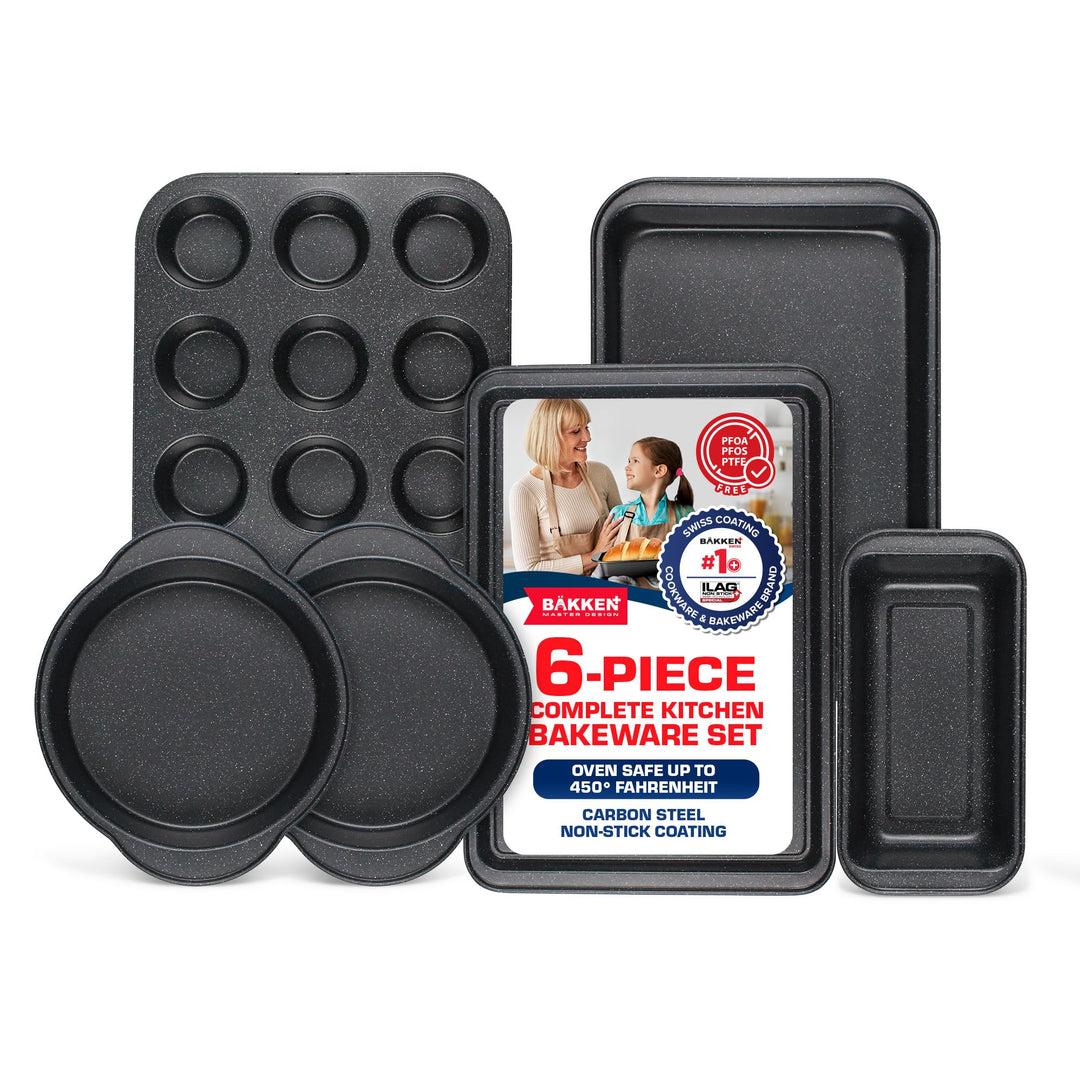 BAKKEN 6-Piece Kitchen Baking Pan Set - Commercial Grade Carbon Steel Bakeware, With Nonstick Coating, Stackable and Space-saving Design, PFOA, PFOS, PTFE Free, Oven Safe (Up To 450°F), Gray Marble