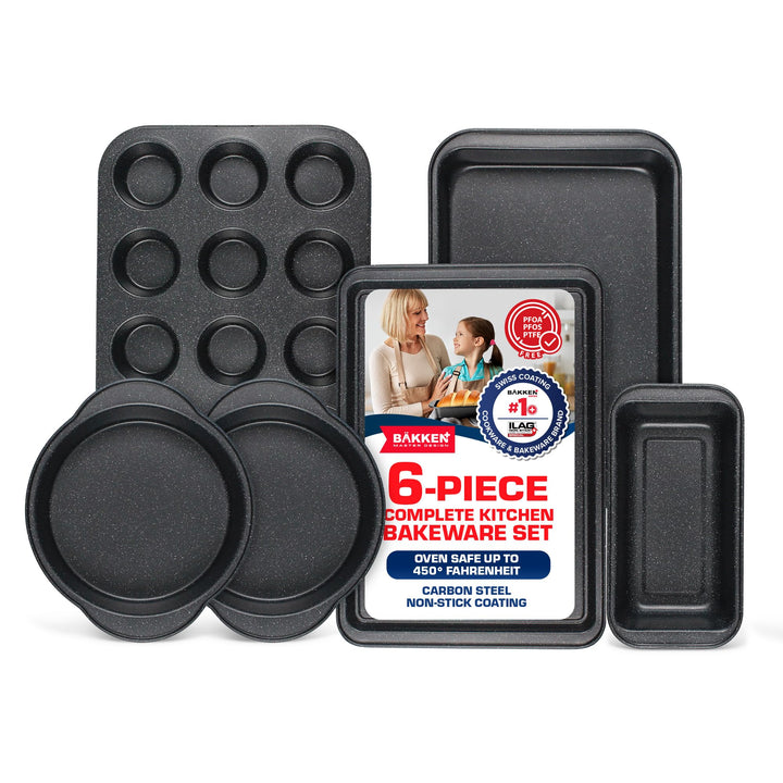 BAKKEN 6-Piece Kitchen Baking Pan Set - Commercial Grade Carbon Steel Bakeware, With Nonstick Coating, Stackable and Space-saving Design, PFOA, PFOS, PTFE Free, Oven Safe (Up To 450°F), Gray Marble