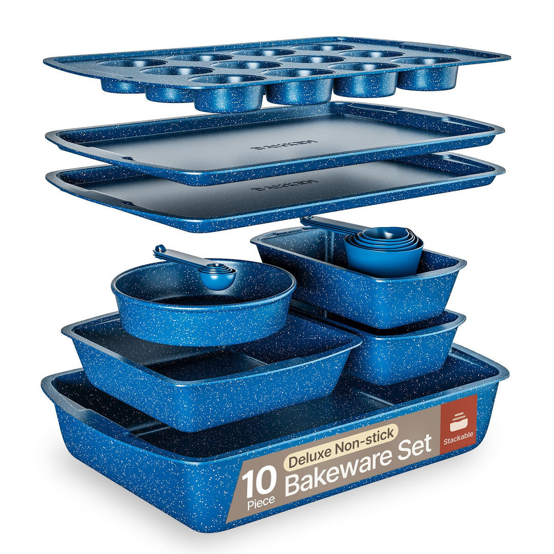 Blue Marble 10-Piece Bakeware Sets, Nonstick Carbon Steel Baking Sheet & Pans, Stackable Space-Saving Bakeware, Dishwasher Safe, Stain-resistant, PFOA\PFOS\PTFE Free, Oven Safe Up To 450°F (230°C)
