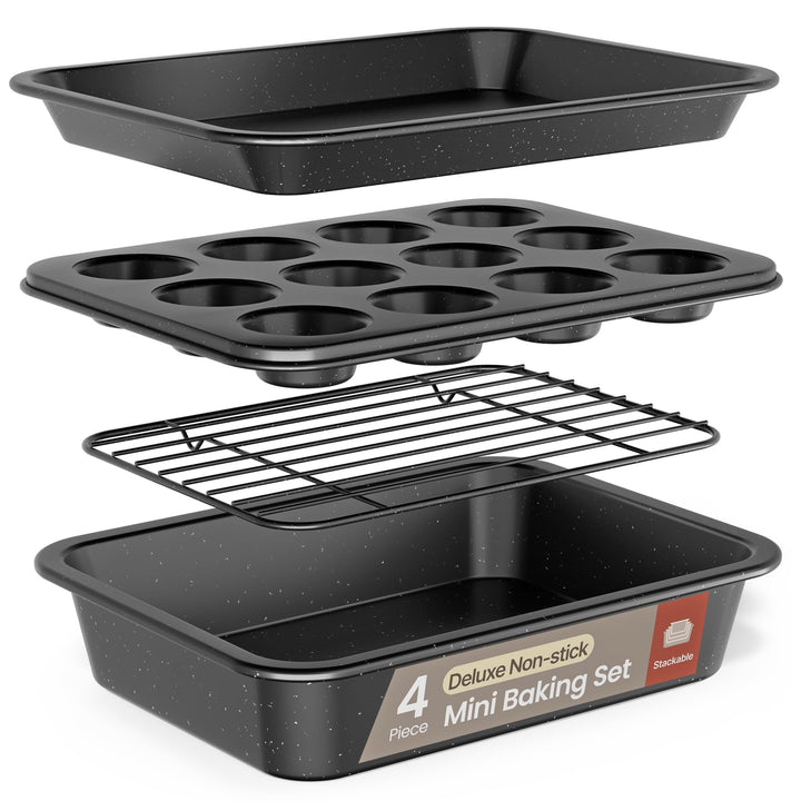 Bakken 4-Piece Bakeware Sets, Nonstick Carbon Steel Baking Sheet, Stackable Space-Saving Bakeware, Dishwasher Safe, Stain-resistant, Oven Safe Up To 450°F