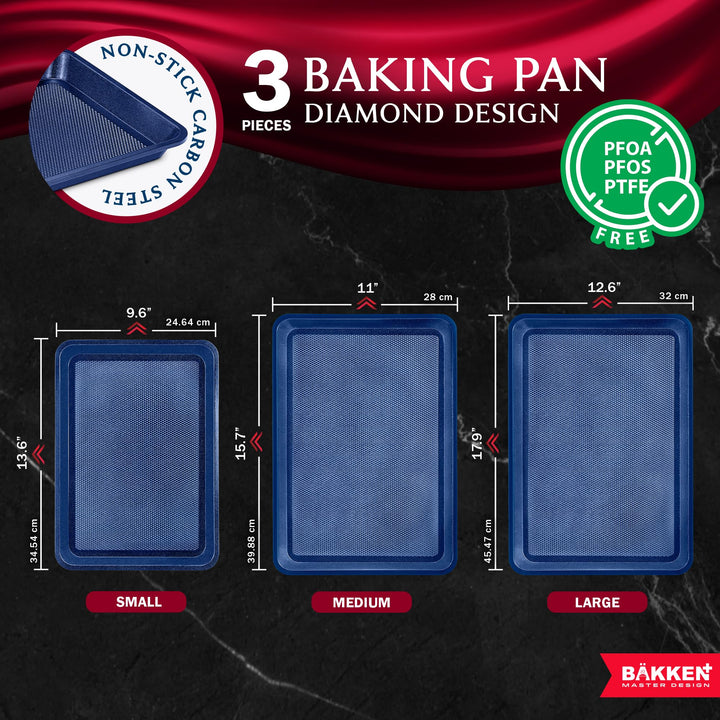BAKKEN Kitchen Baking Pan - Small, Medium, and Large Cookie Sheet  Nonstick, Diamond Texture Bottom, PFOA, PFOS, PTFE Free, Oven Safe Tray (450°F), Pack of 3, Blue