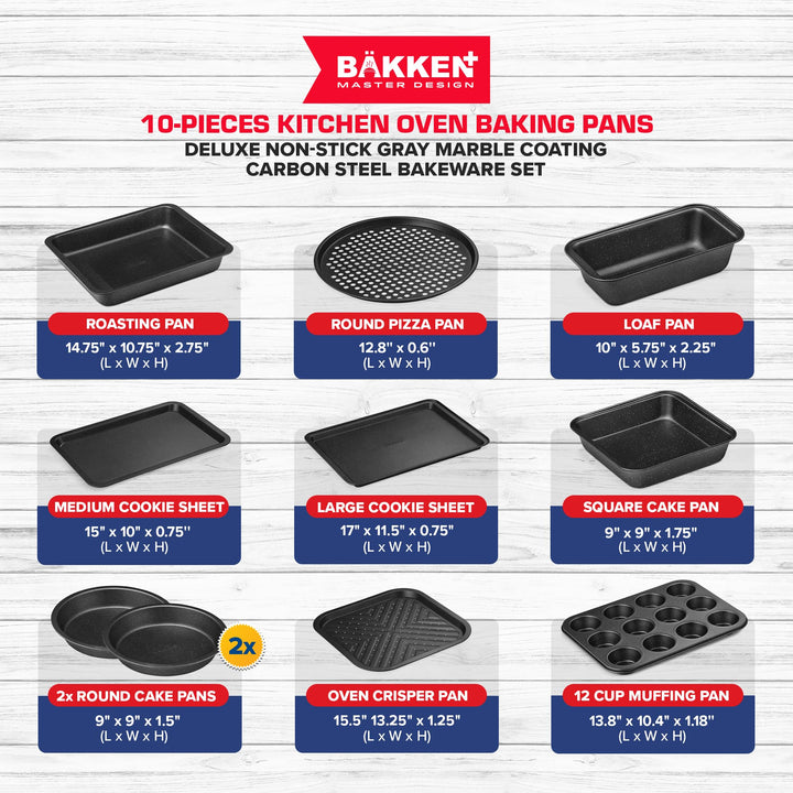 BAKKEN 10-Piece Kitchen Baking Pan Set - Commercial Grade Carbon Steel Bakeware, With Nonstick Coating, Stackable and Space-saving Design, PFOA, PFOS, PTFE Free, Oven Safe (Up To 450°F), Gray Marble