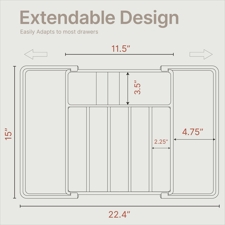 Gray Expandable Utensil Drawer Organizer 2 Pack, Adjustable 13” to 22.4”, 8 Compartment Silverware Organizer for Kitchen Utensils, Spatulas, Cutlery, and Tools, Easy to Clean, Durable, and BPA-Free